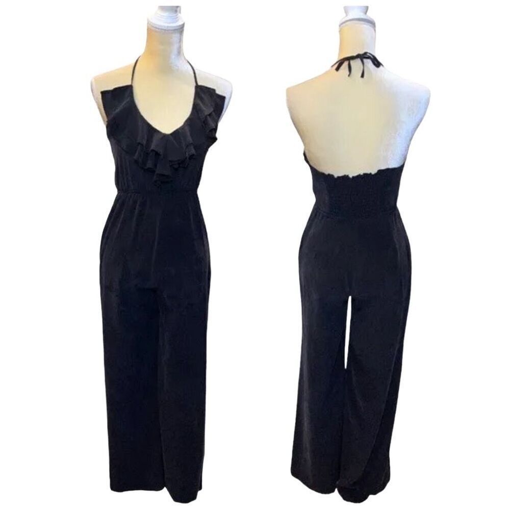 YUMI KIM Black Silk Ruffle Halter Jumpsuit Small Wide Leg Smocked Sleeveless